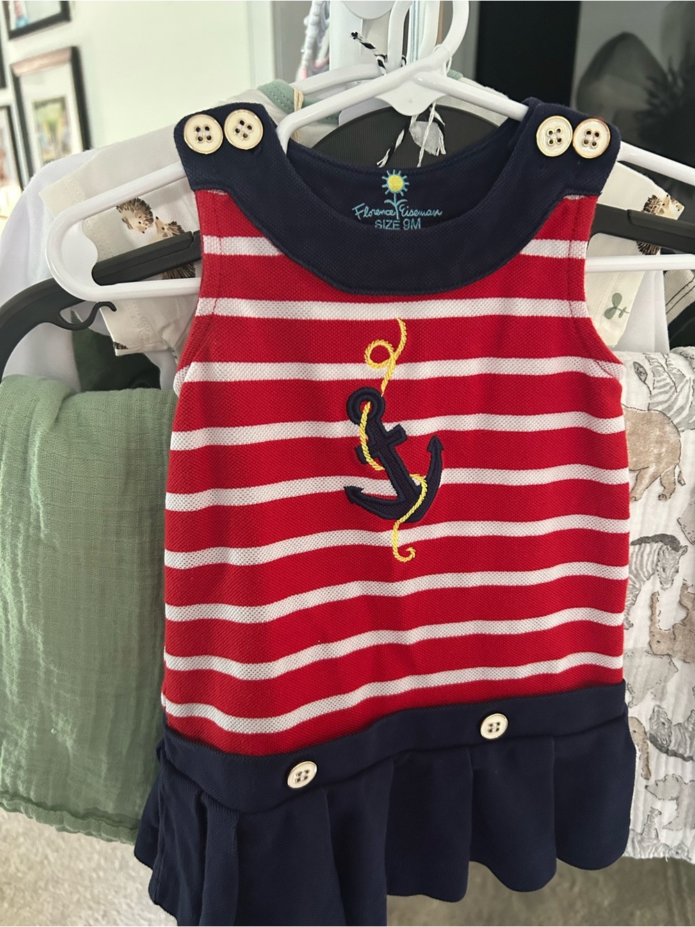 Florence Eiseman Red & Navy Striped Dress with Yellow Embroidery
